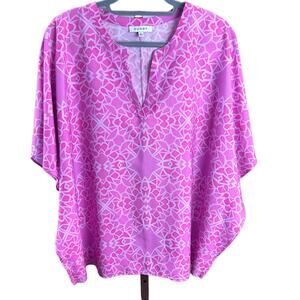 Cuddy Women's Pink Print Blouse V-neck Career Top Batwing Sleeves comfy SZ LG